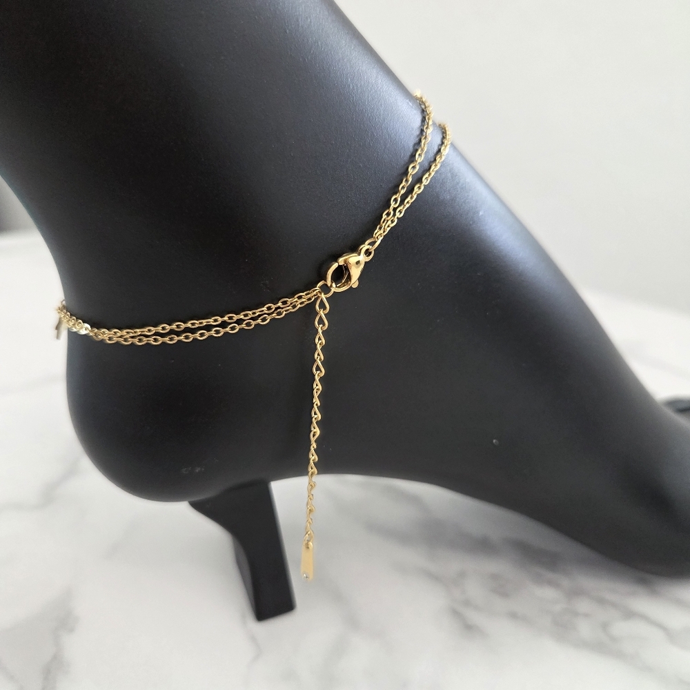 Gold Anklet Moon and Stars Charms Double Chain Layered Ankle Bracelet - Picture 10 of 15
